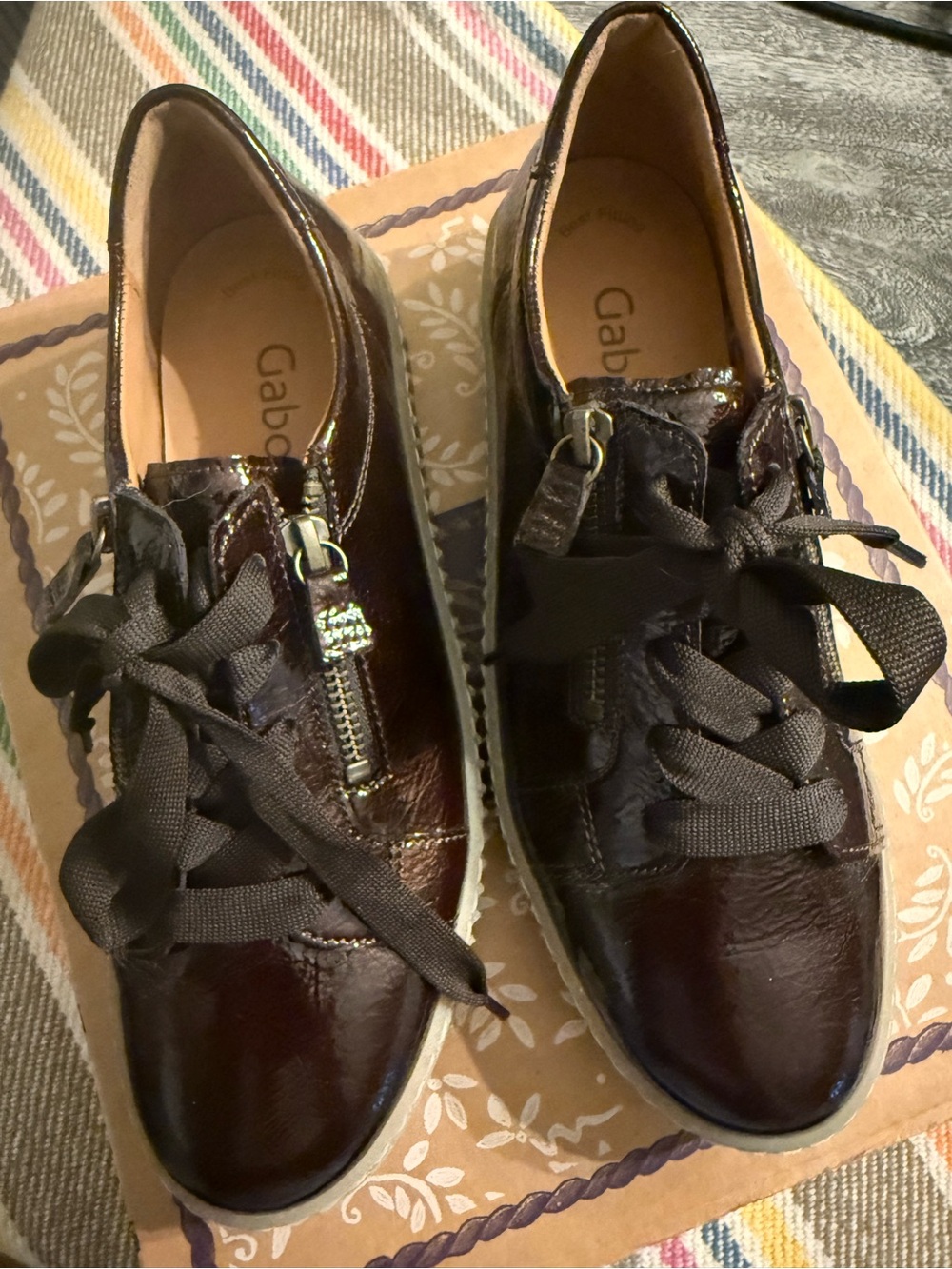 GABOR Deep Chocolate Gloss Lace-Up Sneakers with Side Zipper